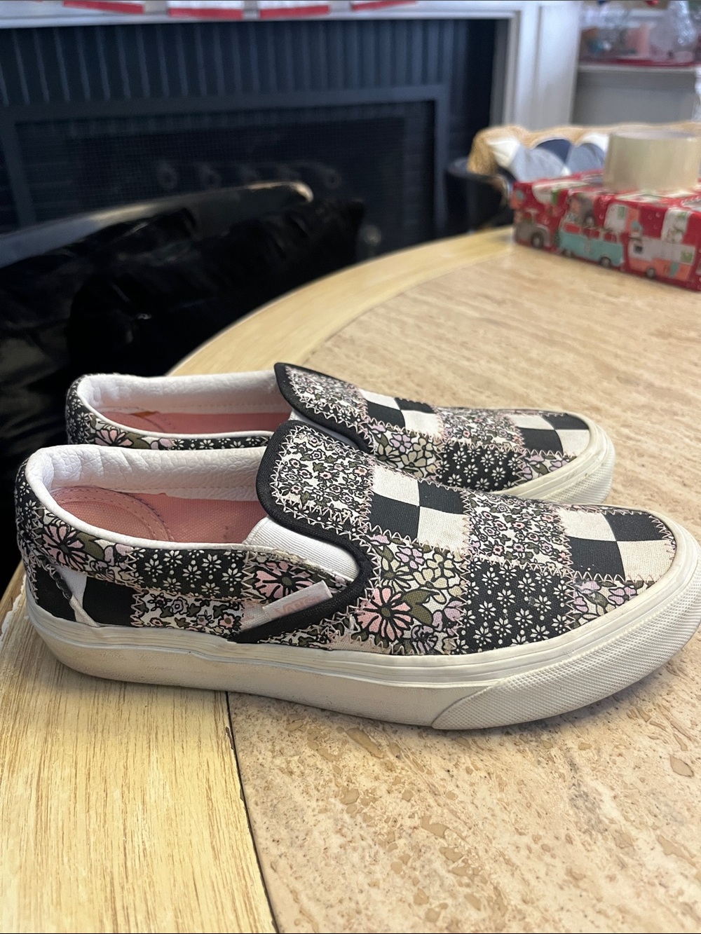 Vans Women's Slip-On Checker & Floral Patchwork Sneakers - Black, Pink, White - Picture 2 of 4